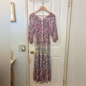 Anthropologie Fig and Flower Pink and Purple Floral Long Sleeve Dress